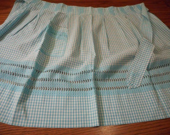 Vintage, Handmade blue Gingham Apron with Chicken Scratch Embroidery - blue on blue