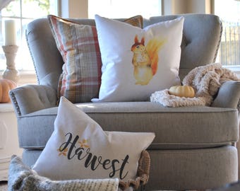 Woodland Squirrel Farmhouse Pillow Cover | Autumn Pillow Cover | Farmhouse Throw Pillow | Rustic Fall Pillow Cover | Woodland Squirrel