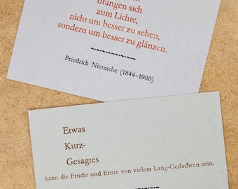 Postcards with Friedrich Nietzsche quotes – letterpress, lead-type on grey cardboard