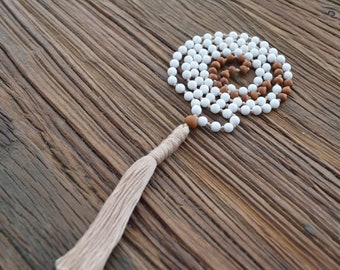 Knotted Mala Necklace White Jade & Sandalwood Bead Prayer Beads Mantra Meditation 108 Japa Mala Yoga Jewelry. Tassel necklace.