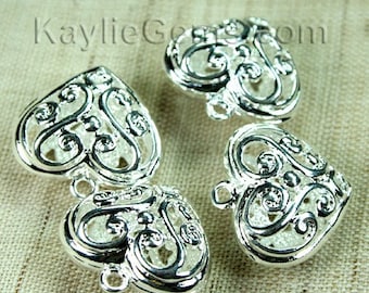 Filigree Heart Charms Silver Victorian Lacy Foral -4pcs