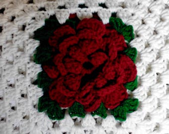 Burgundy White Granny Square Crochet Afghan