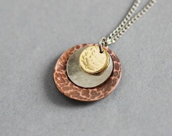 Mixed Metal Necklace Metal Layered Necklace Hammered Metal Necklace Metal Pendant Boho Necklace Minimalistic Jewelry Unique Gift for her