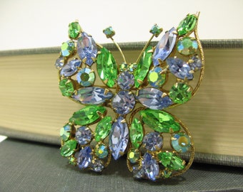 Regency Vintage Blue & Green Rhinestone Butterfly Brooch w/ Aurora Borealis Crystals