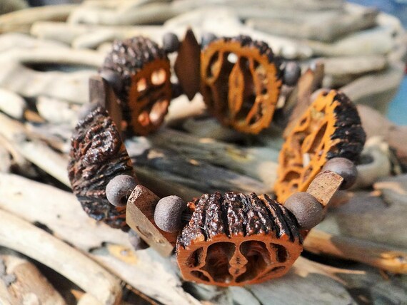 Vintage Walnut Shell Wooden Bead Bracelet Art Beads Beads Cuff Bangle Stretch Elastic Wood New Upcycled Seed Nut