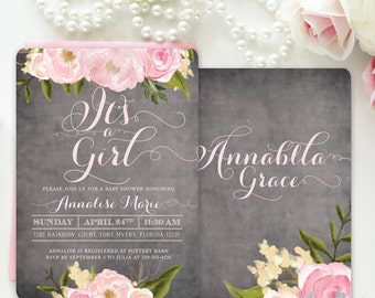 It's a Girl Baby Shower Invitation, Girl Baby Shower Invite, Floral Baby Shower Invite, Shabby Chic Pink Roses, Peonies - Emily