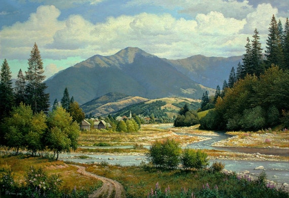 Summer Mountain landscape Oil painting Realism oil painting