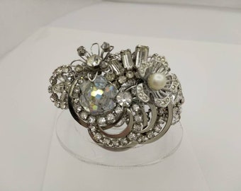 Rhinestone Silver tone Bracelet Cuff Re purposed Upcycle Hand made Wedding