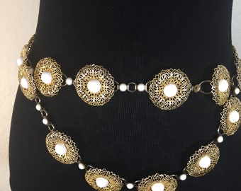 Vtg Filigree Gold Metal Chain Belt with White Bead Centers Mod 1970s