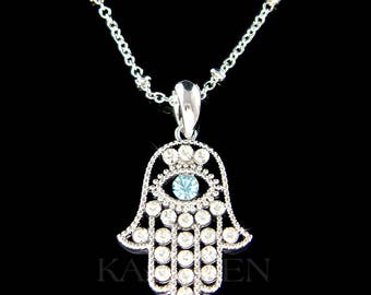 Swarovski Crystal Dainty Aqua Evil Eye Jewish Hamsa Hamesh Hand Necklace Jewelry Religious New Year Christmas Birthday Women BFF Gift New