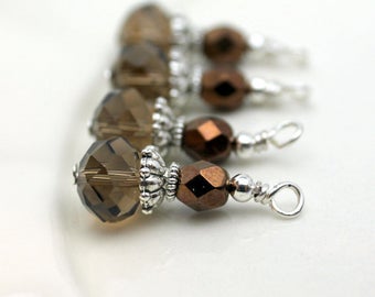 Vintge Style Smokey Topaz Crystal with Copper Czech Bead Earring Dangle Charm Drop Set Pendant