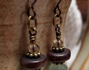 Handmade Earrings - Hypoallergenic Niobium, Trio Drop: Crystal, Wood, Stone