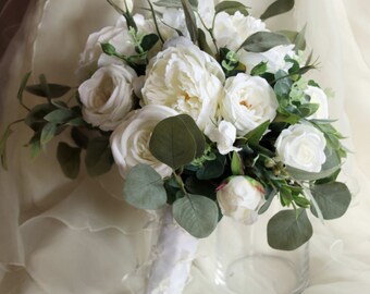 Boho wedding bouquet. Eucalyptus, peony, garden rose and lissianthus bouquet. Silk bouquet, bridal bouquet, wedding flowers, rustic bouquet.