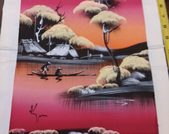 Japanese lagoon landscape on silk painting