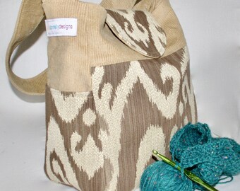 Tan, corduroy, upholstery, Knitting Bag, VEGAN, Vinyl Interior, Lots of Pockets, girl's bag, crochet organizer, medium bag, knitting project