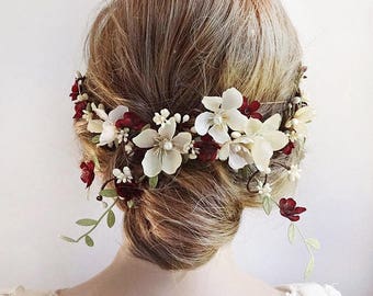 burgundy hair accessories, burgundy hair flower, wedding hair piece, cream flower, floral hair vine, bridal headpiece, wedding hair clip
