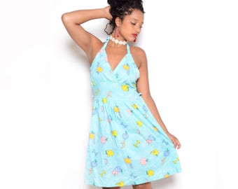 Vintage 70's SEARS Fruit Print Halter Dress Sz M