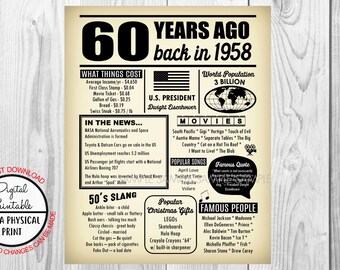 60 Years Ago Back in 1958, Born in 1958, 60th Birthday Poster Sign, Back in 1958 Newspaper Style Poster, Printable, Anniversary Gift