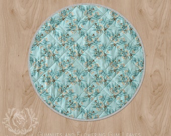 Australiana Play Mat Gumnuts Blue and Peach Flowering Eucalyptus Botanical Cot Quilt Circle Tummy Time Rug/ Linen Cotton | Ships in 4-6 wks