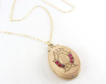 Antique Victorian Gold Filled Locket Fob Necklace | Antique Gold Filled Lyre Locket Pendant Necklace | Victorian Red Stone Music Locket