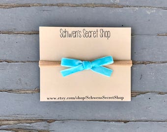 Skinny blue velvet bow, baby girl headband, hand tied bow, baby girl bow, baby headband, nylon headband, baby bow headband, velvet bow