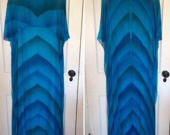 Vintage 70s Dress Maxi Cape Blue chevron empire waist chiffon