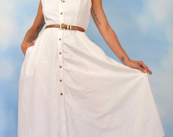 Vintage 90s does 50s White Cotton Eyelet Sleeveless New Look Shirt Waist Dress (size medium, large)