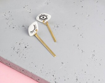 Drop - Asymmetrical Statement earrings - Lightweight handcrafted & handpainted jewelry - 16k gold posts titanium nickel free. Boho-Bohemian
