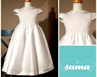 First Communion Dress, White Shantung Fabric, Hand Made Dress, smocked dress sizes 6 -12
