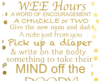 Gold Words for the wee hours sign/printable PDF, Baby Shower Activity, Late Night Diapers, Diaper Thoughts, Diaper Advice, Banner