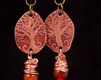 Rustic, Etched copper, tree of life, wire wrapped, carnelian earrings