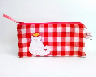 Red gingham pencil case pencil pouch cat zipper pencil pouch cat lady gift school supply cute pouch stocking stuffer christmas gift