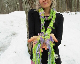 hand knit soft art yarn boa gypsy boho wool curls spring scarf - spring growings scarf