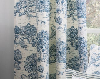Blue and white toile curtains, French country curtains, French toile drapes, Blue toile curtains, French country blue toile curtains, Toile