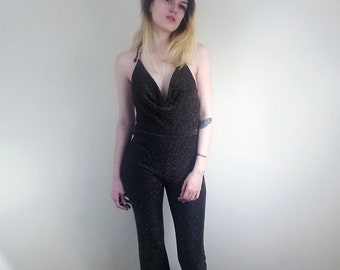 Gold Diamond-Patterned Glittery Cowl Jumpsuit with Flared Leg