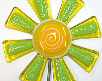 Glassworks Northwest - Brilliant Yellow and Lime Flower Stake - Fused Glass Garden Art