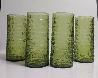 Vintage Set of 4 MCM Bartlett Collins Avocado Green Stippled Brick 6 1/8" Tumblers Iced Tea Glasses Hard to Find ~ Circa 1960s-1970s