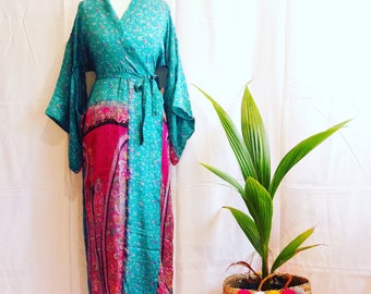 Vintage Silk Sari Maxi Kimono - Turquoise