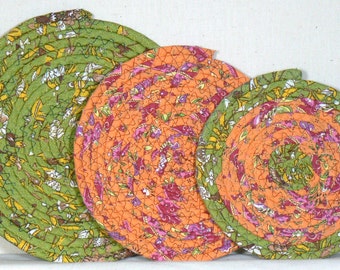 Set of Three Trivets, Hot Pads, Casserole Mats, Mug Rugs, Plant Rugs, Pot Hot Pads, Coiled Hot Pads, Fabric Trivets, Kitchen Trivets