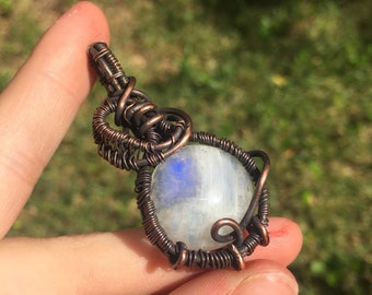 Rainbow Moonstone Oxidized Copper Wire Wrapped Crystal Necklace