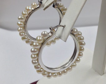 Cultured Freshwater Pearl Hoop Earrings 925 Sterling Silver
