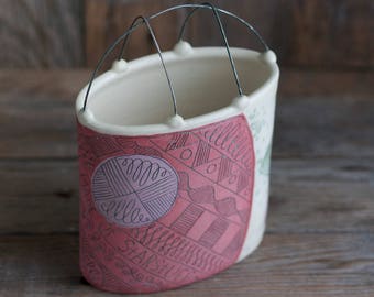 vase - flower brick - folk - illustrated - handmade - floral - art pottery