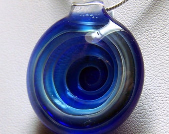Bright blue silver spiral vortex - 3D handmade whirlpool glass lampwork pendant