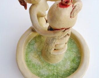 Ceramic sculpture figurine woman female with pomegranate and fountain modern artwork collectible art collector by Elisaveta Sivas