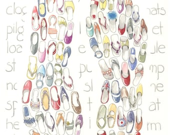Shoes, sandles, flip flops, watercolor and colored pencil, print 11" x 16 1/2", painting, drawing, art, beach, archival, realistic.