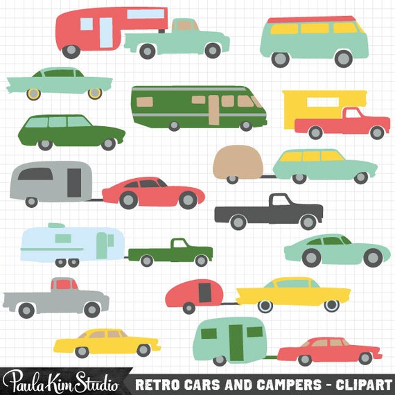 Vintage Camper and Car Clipart Retro RV Clip Art 5th Wheel