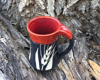Red Black and White Pottery Mug Wheat Design Handmade by Daisy Friesen