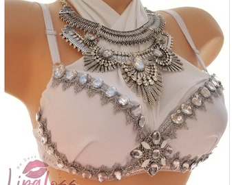 White Bohemian Top, White Bohemian Bra, White Boho Top, Coachella Top, Boho Bra, Rave Bra, Coachella , EDC, Coachella Clothing