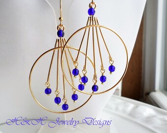Cobalt Blue Gold Large Hoop Chandelier Earrings, Gold Hoop Dangle Earrings, Blue Sapphire Glass bead Chandelier Earrings, Blue Earrings