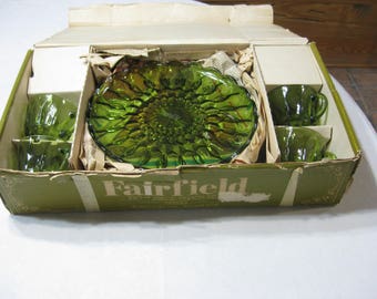 Vintage Anchor Hocking "Fairfield" Green 8 Pc. Snack Set in Original Box, Appears NEW
